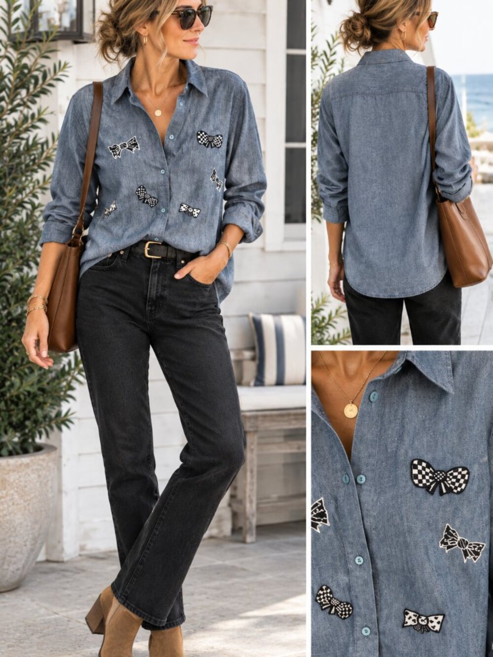 Vintage Comme Adrienne Paris Embroidered Bows Blue Denim Shirt size XL Boho